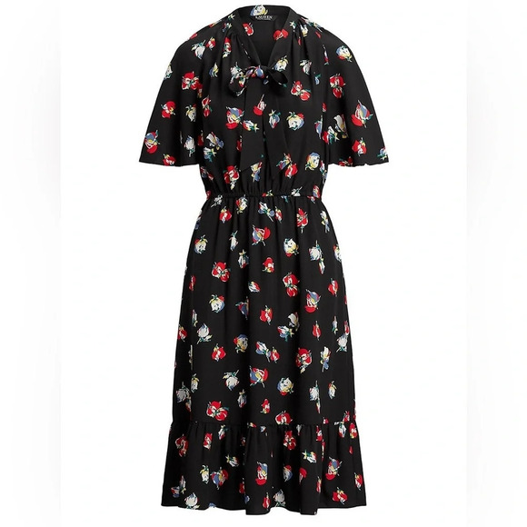 Lauren Ralph Lauren Sherolynn Floral Crepe Tie-Neck Midi Dress Black Red Size 8 - Picture 3 of 12